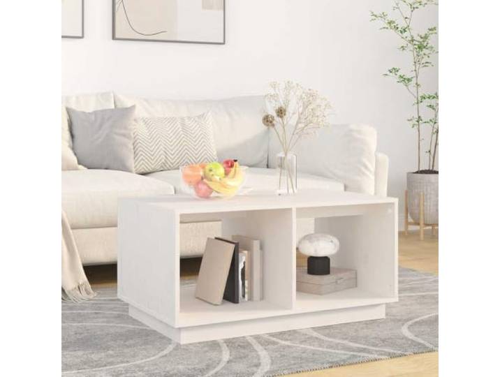 HEFZGDB Massiver Kiefernholz Couchtisch Weiß 80x50x40 cm mit 2 Fächern Stauraum und geräumiger Tischplatte für Wohnzimmer