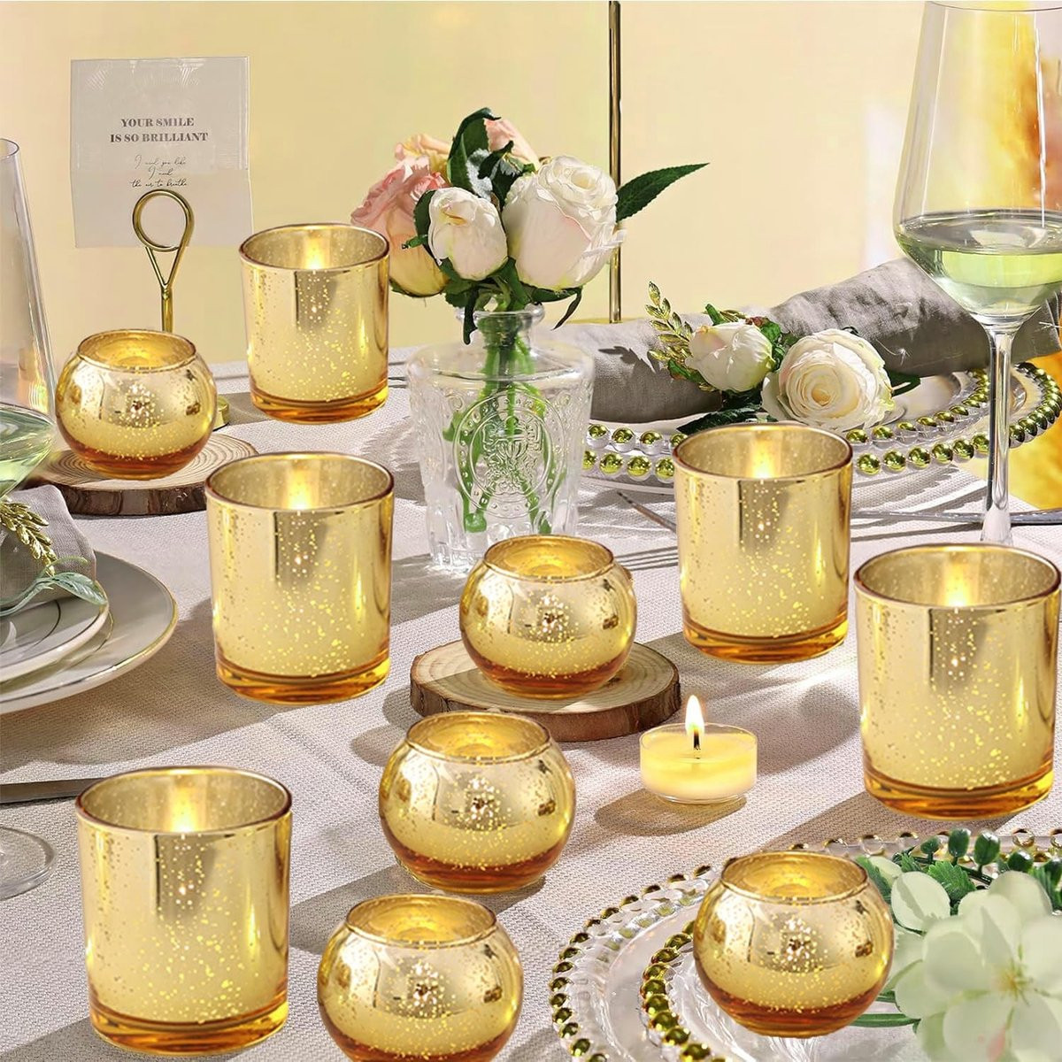 Omgoods Set van 12 Gouden Theelichthouders van Glas