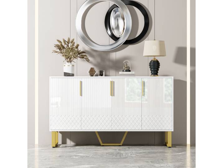 Buffet PINGGO blanc laqué brillant à 4 portes, meuble de rangement moderne avec poignées et pieds métalliques, design géométrique, mobilier de maison