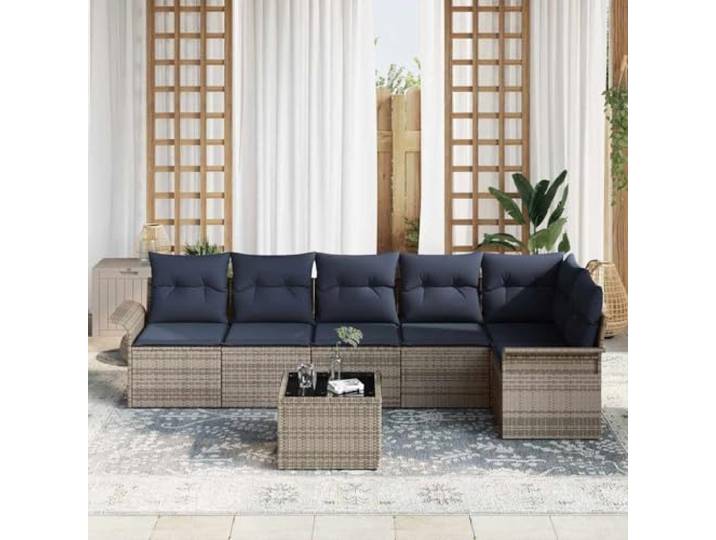 KTHLBRH Gartenmöbel-Set aus Polyrattan, 7-teilig, Grau Eckregal mit Behälter, Rahmen aus lackiertem Stahl, widerstandsfähig gegen atmosphärische Einflüsse