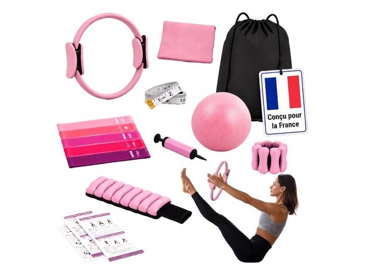 Relaxdays Kit Pilates 13 Pièces : Anneau\, Ballon\, 6 Bandes Élastiques\, Manchettes Lestées\, Accessoires Maison\, Rose