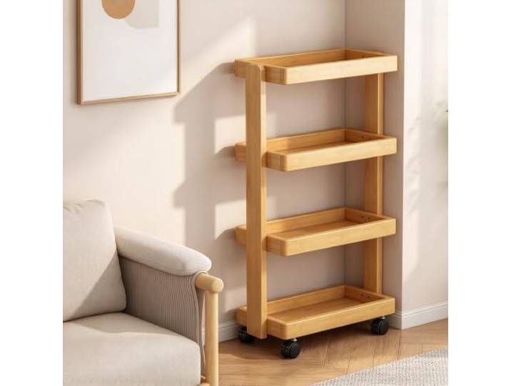 LJWFZBD Schmaler Rollwagen mit 4 Ebenen, Mobiler Regal-Organizer für Küche Platzsparendes Design, Stabile Konstruktion, Mühelose Mobilität, Vielseitig einsetzbar(Natural,15.7 (40cm)L)