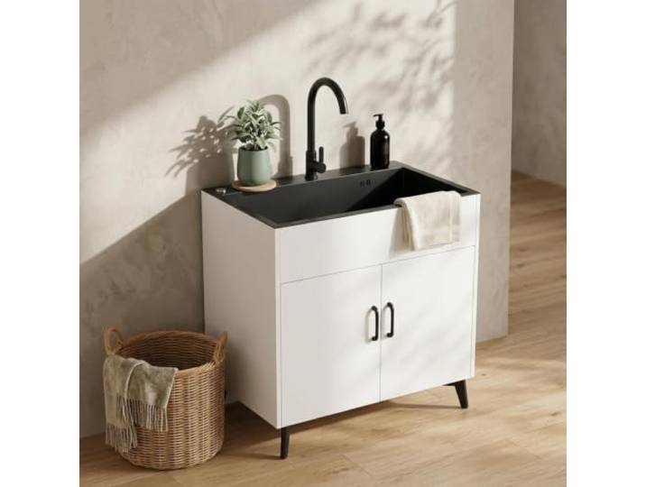 Edelstahl Küchenspüle mit Unterschrank und ausziehbarem Wasserhahn Gebürsteter Edelstahl, freistehendes Design, großer Stauraum, flexible Armatur(B,50.04CM X 39.88CM_FIXED‑SPOUT)