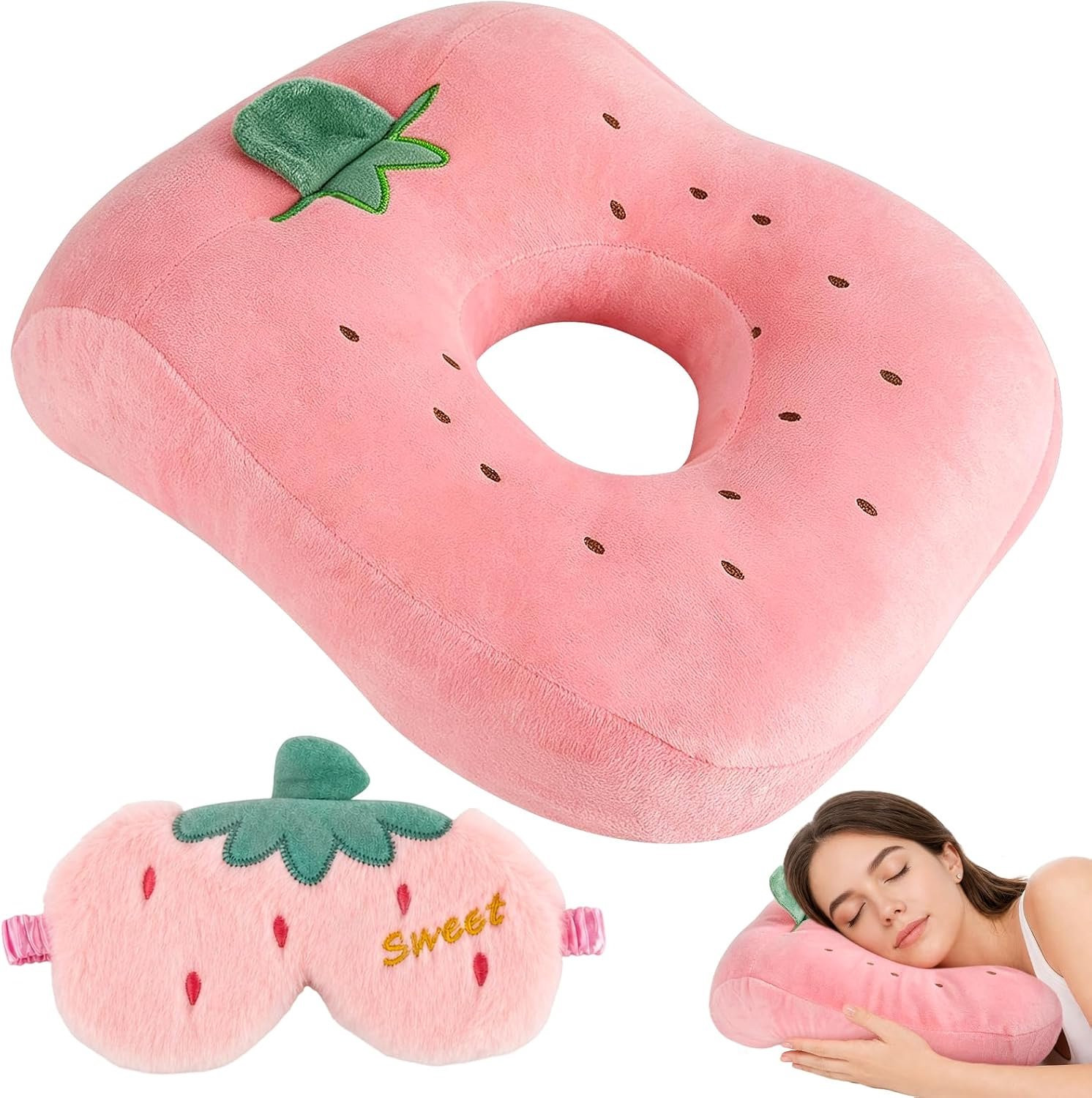Piercing Kussen Aardbei Donut Kussen met Oogmasker en Gat voor Oor - Roze