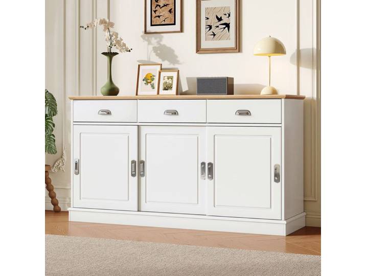 Buffet - 140x40x77 cm - Buffet de salon avec 3 tiroirs et 3 portes coulissantes - Blanc et bois naturel