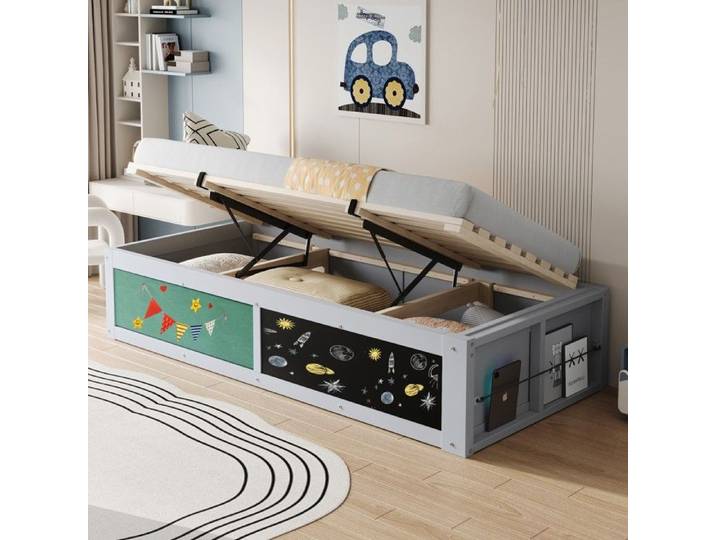 Lit simple enfant bois 90x200 cm Lit coffre hydraulique avec tableau noir tableau de feutre verte et sommiers à lattes - gris