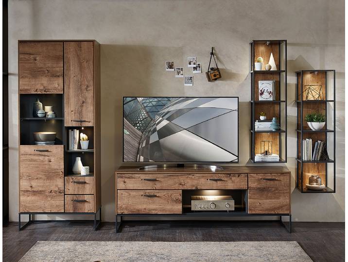 Wohnwand 4-teilig Front & Korpus: MDF Mitteldichte Holzfaserplatte , foliert Griffe & Gestell: Metall, lackiert Braun 320 x 196 x 48cm