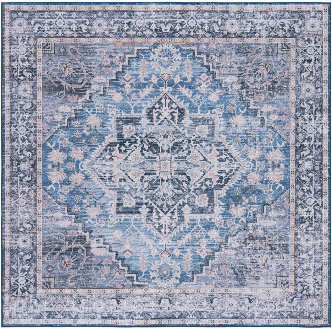 World Menagerie Tucson Vintage Look Machine Washable Non-Slip Area Rug in Blue & Navy Grey;Blue Square 183 cm