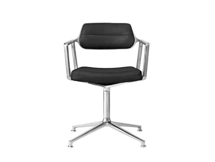 Vipp - 453 Swivel Drehstuhl auf Gleitern, Aluminium poliert / Leder schwarz