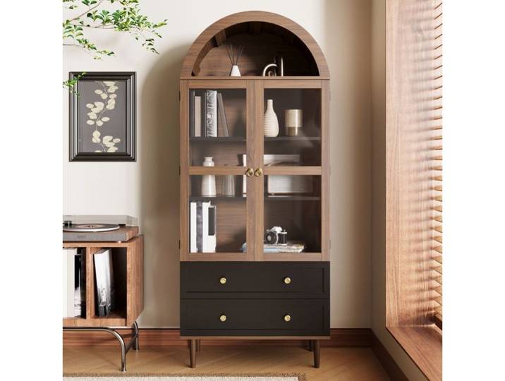 Buffet haut 70x38x168 cm avec étagères réglables et portes en verre nervuré MDF décor noyer pour salon