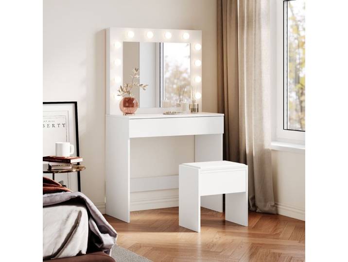 SIRHONA Coiffeuse avec Miroir et Tabouret Ensemble de Coiffeuse avec Ampoules LED à Intensité Variable Grand