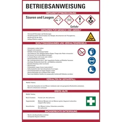Aushang, Betriebsanweisung für Säuren & Laugen - GHS/ISO 7010 Piktogramme - 200x300x1.5 mm Kunststoff