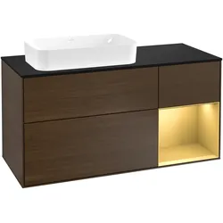 Villeroy & Boch Waschbeckenunterschrank Finion F28, Walnut Veneer mit Gold Matt Lacquer Regal, 1200x603x501 mm, mit Beleuchtung und SoftClosing