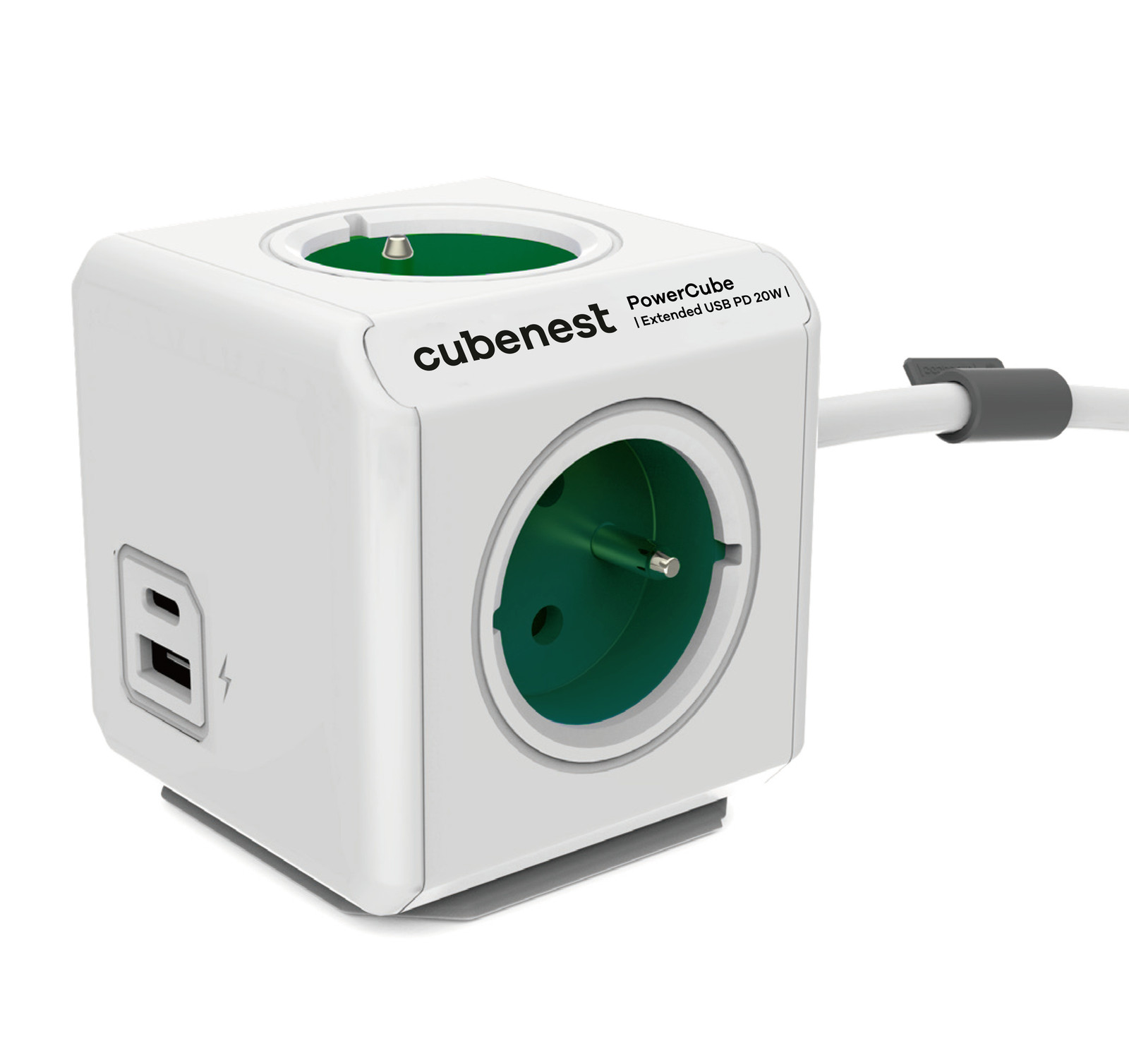 PowerCube Cubenest Extended USB PD 20W stekkerdoos met A+C poorten en 1,5 meter verlengkabel, groen
