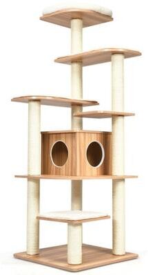 Costway 7-Layer Wooden Cat Tree Tall Cat Tower with Sisal Posts and Condo-Natural