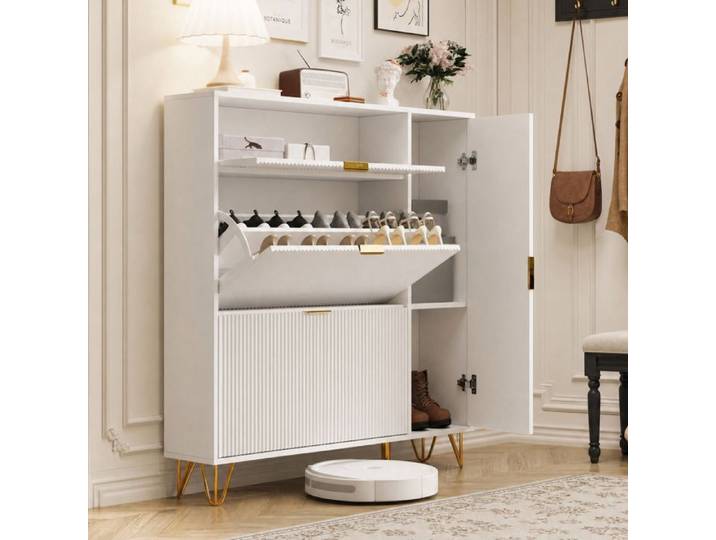 Meuble à Chaussures Blanc SORVAGLOS Meuble d'entrée Rangement pour Chaussures 4 portes 20 Paires 110x24x111.5 cm