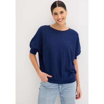 Strickpullover BONPRIX, Damen, Gr. 40/42 (M), blau (tiefseeblau), Strick, Obermaterial: 50% Baumwolle, 50% Polyacryl, unifarben, bequem hüftlang, Rundhals, Fledermausärmel Strickbündchen, Pullover Strickpullover, aus Baumwoll-Mix, mit...
