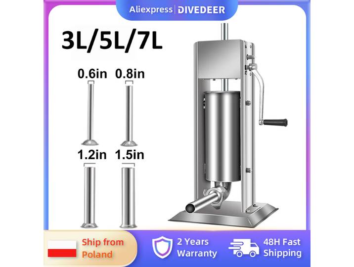 DIVEDEER – poussoir à saucisses vertical manuel, capacité de 3/5/7l, construction en acier inoxydable, 4 entonnoirs de remplissage pour usage domestique et commercial