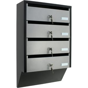Rottner Briefkasten T06209 Depot 4 silber/schwarz, aus Stahl, Zylinderschloss, Briefkastenanlage für 4 Parteien, 39 x 60 cm