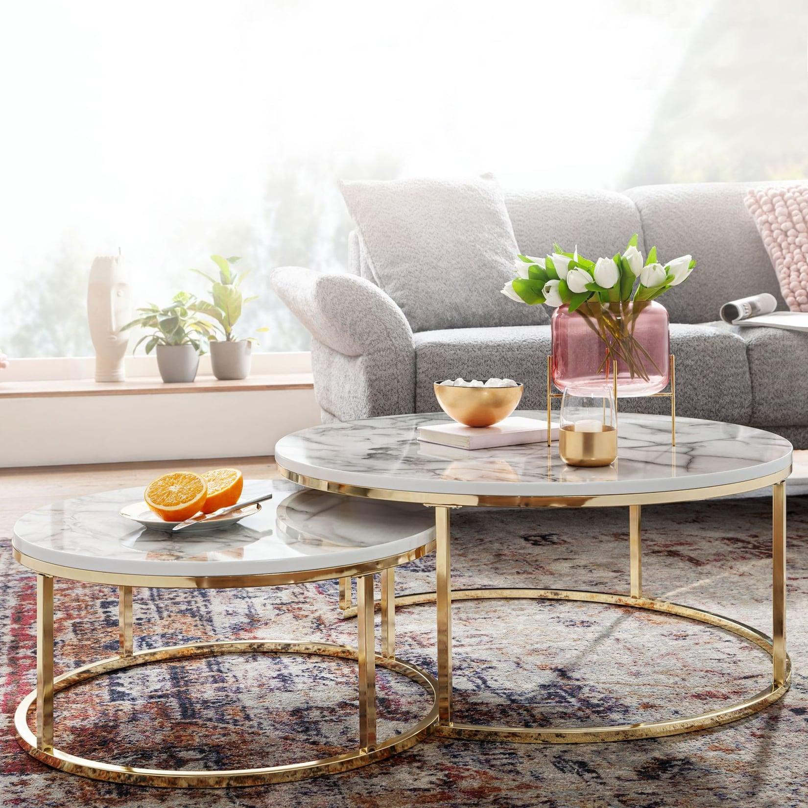 Couchtisch FineBuy Sofatisch 2er Set Weiß Marmor Optik Satztisch Tisch Rund