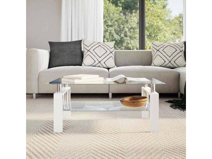 TEKGHUT Couchtisch Weiß Transparent 95x55x40 cm Hartglas Beistelltisch 2 Ebenen, Melaminbeine, feucht abwischbar, modernes Design, stabil