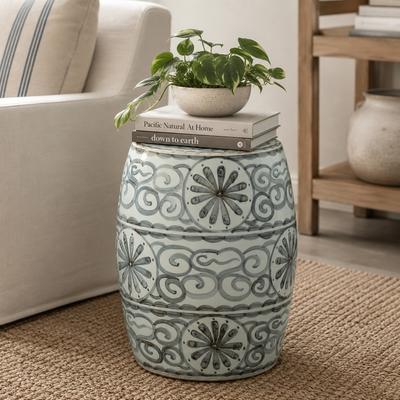Artissance "Approx. 17"" High Soft Sky Blue Hand-Glazed Ceramic Garden Stool with Flower Motif"