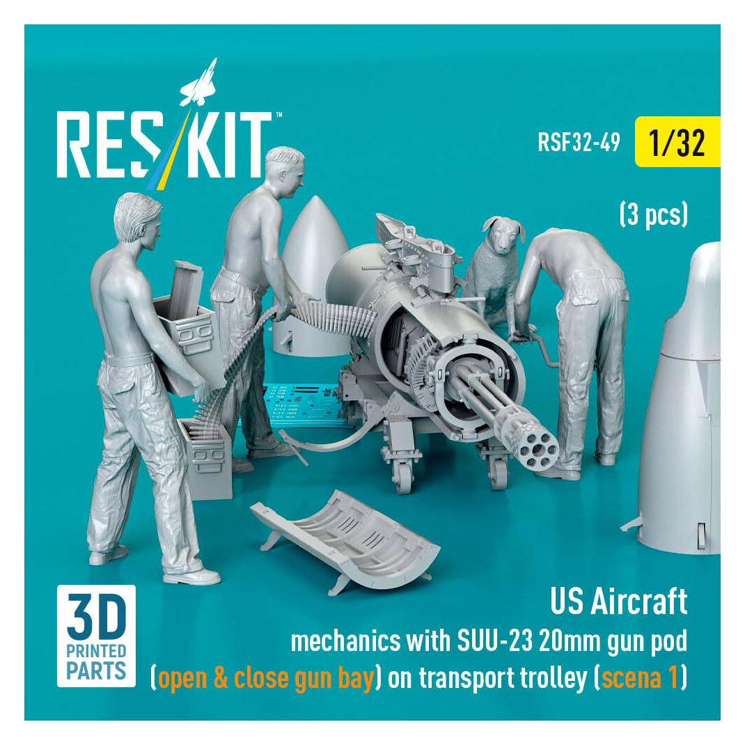ResKit US Aircraft mechanics with SUU-23 20mm gun pod (open & close gun bay) on transport trolley (scene 1) (RSF32-0049)