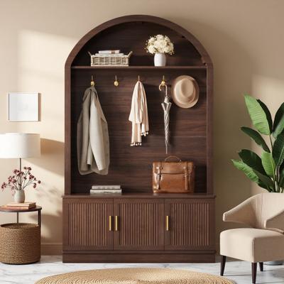ZWYO HOSIMU Farmhouse Arched Top Hall Tree with 5 Sturdy Metal Hooks and Adjustable Shelves for Hallway, Living Room