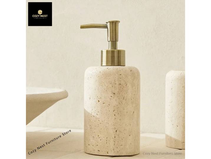 Distributeur de liquide de salle de bains rechargeable en pierre de marbre travertin jaune naturel personnalisé en gros, récipient de savon pour Lotions