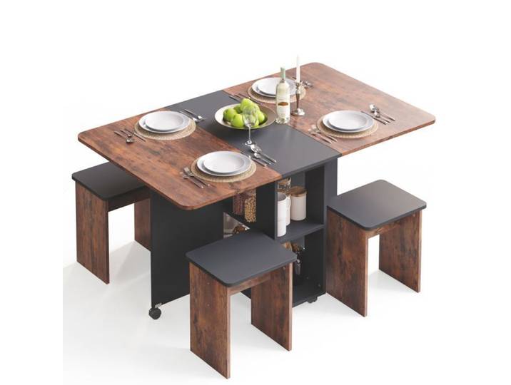 Mondeer ensemble table cuisine pliante avec 4 chaises table pliante intérieur avec rangement pour petit espace marron rustique noir