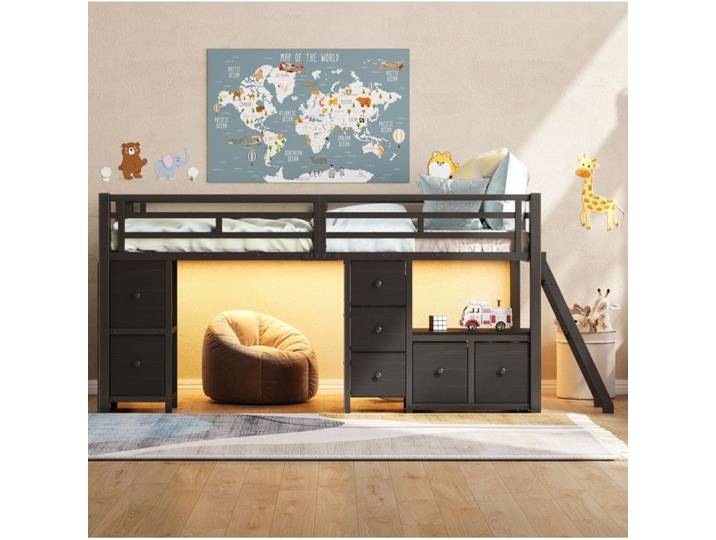 Lit Mezzanine Bas 90x200cm En Métal Noir Lit Enfant Mezzanine Bas FloraGrace Pour Chambre D'Enfant Avec 7 Tiroirs 208x98x104.5cm