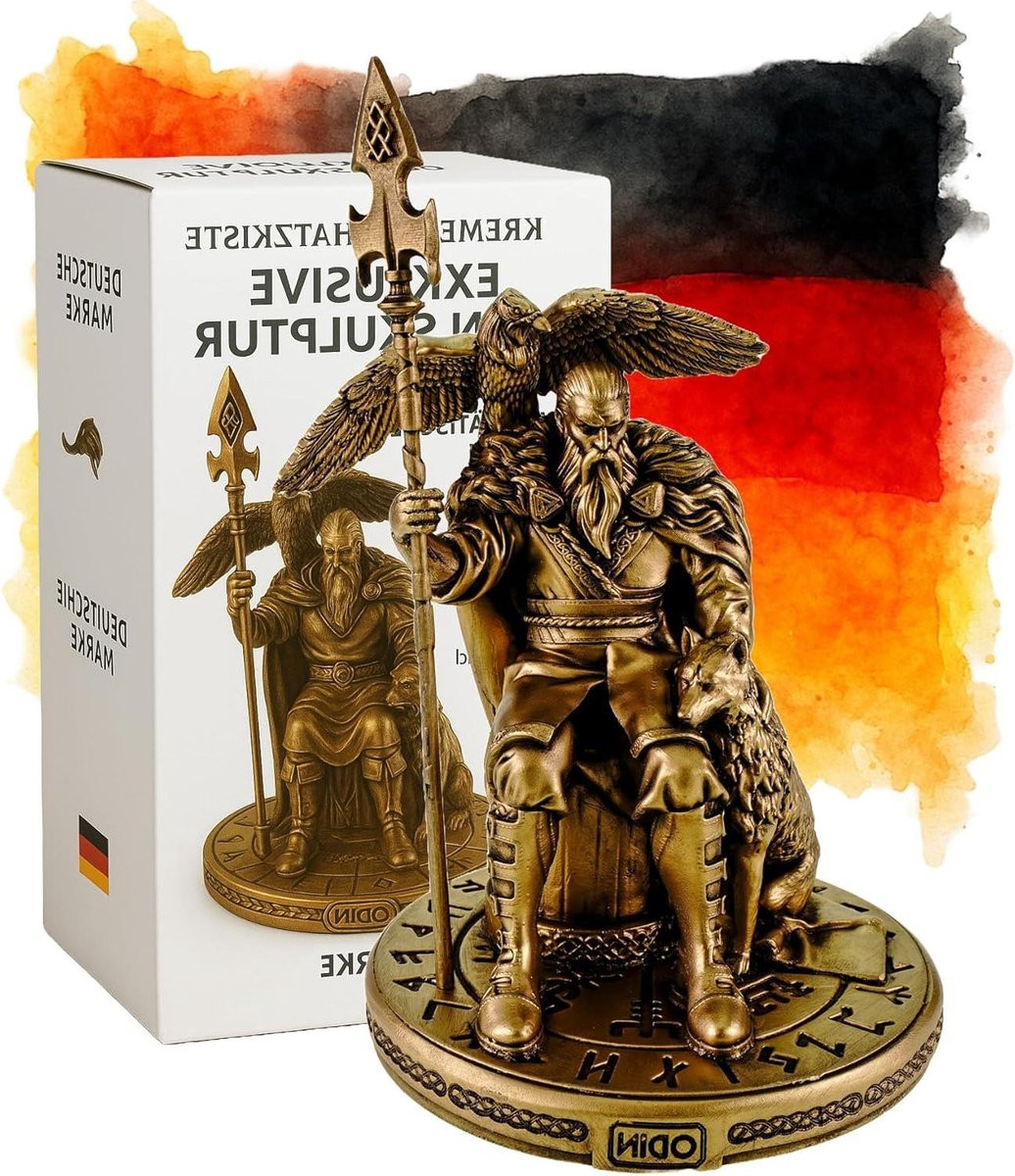Odin Beeld Noordse God Handgeschilderd Albast Bronskleurig Hoogte: 24 cm