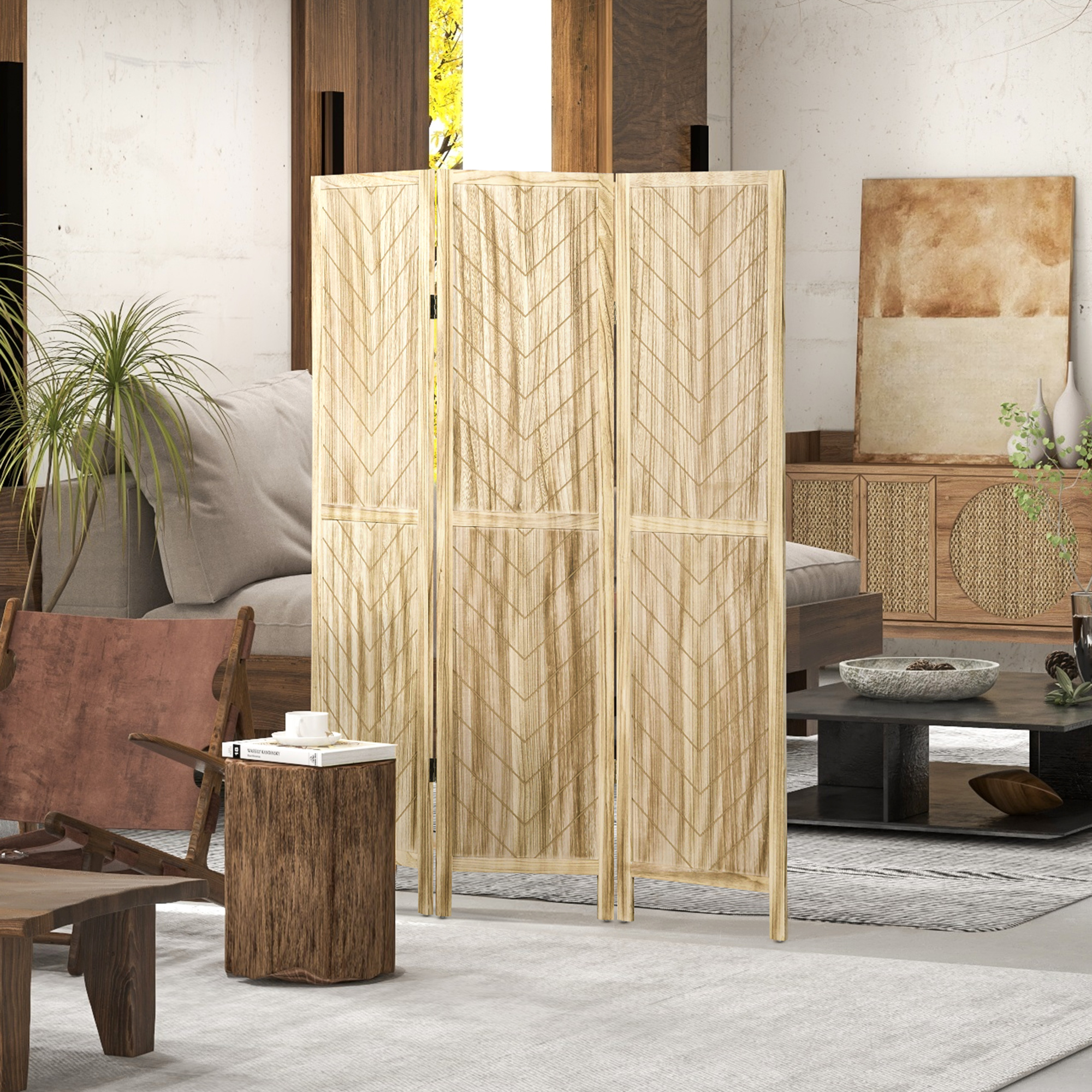 Homcom Paravento da Interno Pieghevole a 3 Ante a Spina di Pesce in Legno, 120x1.6x170 cm