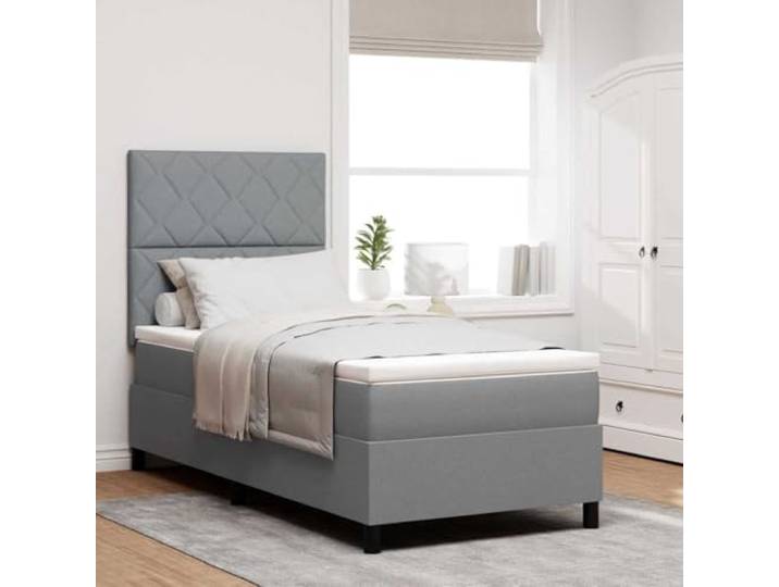 RJPLMFV Boxspringbett, Hellgrau, 100 x 200 cm, Stoff Kopfteil verstellbar, mittelfeste Matratze, Taschenfedern, Spanplatte und Kiefer massiv