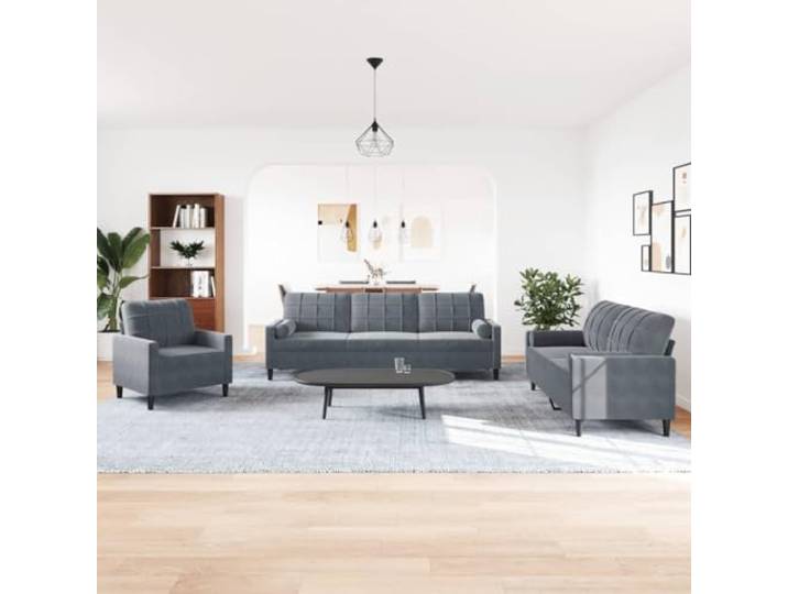 KTHLBRH Sofa-Set, 3-teilig, dunkelgrau, Samt mit Kissen Robustes Metall, Schaumstoff, 1 Sofa, 1 2-Sitzer-Sofa, 1 3-Sitzer-Sofa, 4 Kissen