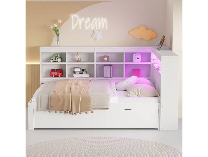 Canapé-lit - HIBA - Canapé-Lit Double Multifonction - 140x200 cm - Bois massif blanc - Tiroirs LED & USB
