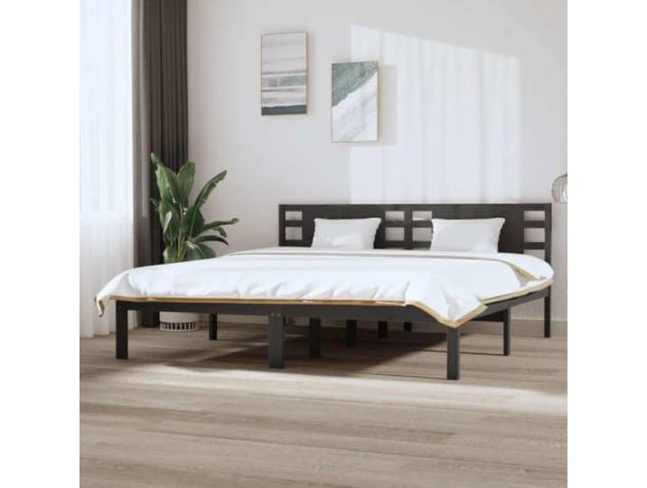 RJPLMFV Bettgestell, Massivholz, Kiefer, 200 x 200 cm, Grau Mit Kopfteil, Lattenrost, ohne Matratze, für Schlafzimmer