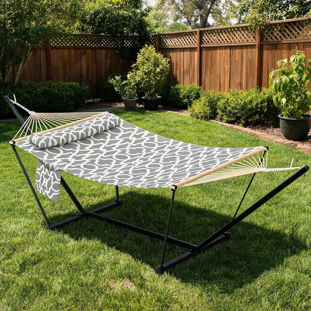 Dakota Fields 3.6m 2 Person Double Outdoor Hammock with Curved Wooden Spreader Bar, Light Grey Hammock with Detachable Pillow Chains & T-Shaped Bracket, 204kg Weigh Grey 110cm H X 139cm W X 365cm L