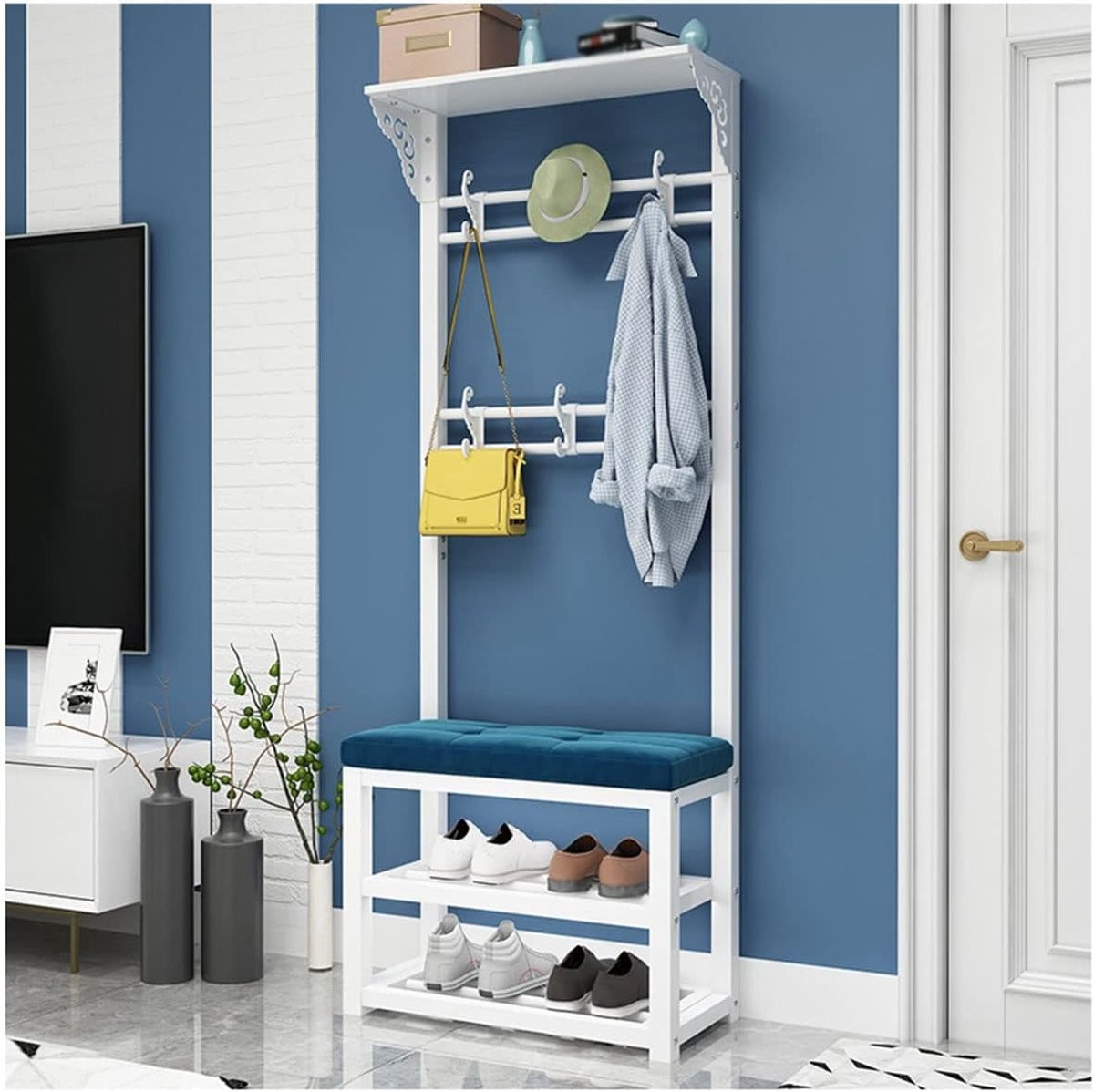 Metalen Kapstok Entree Meubel 3-in-1 Design Wit Blauw 100 cm