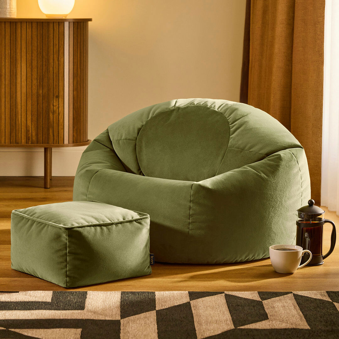 icon Kingston Classic Velvet Bean Bag Chair & Pouffe Forest Green Bean Bag Chair Olive Green Medium