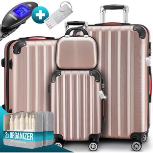 Monzana Koffer rose, 4-teilig + Zubehör, Hartschale, mit 4 Rollen, klein / mittel / groß + Beautycase