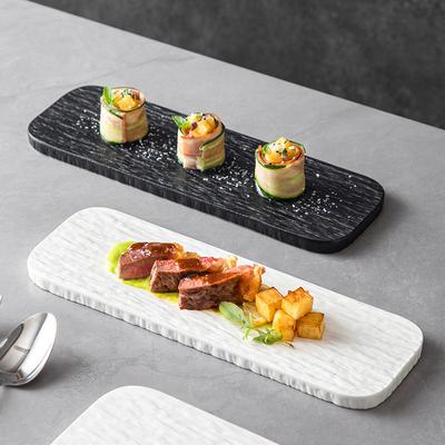 Youfap Market Ceramic Serving Tray For Hotel, White And Black Stone Grain Rectangle Flat, Sushi Pastry Plate For Restaurant white