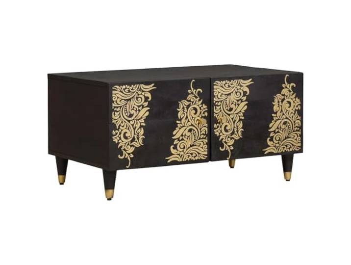 LKJephalotrope Couchtisch Schwarz 80x50x40 cm Massivholz Mango Minimalistischer Stautisch mit Messingknöpfen und Fach für Ihr Wohnzimmer oder die gemütliche Sofaecke.
