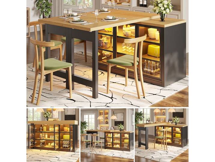Table à manger extensible noire îlot central pivotant 360° éclairage LED intégré meuble d'appoint cuisine moderne