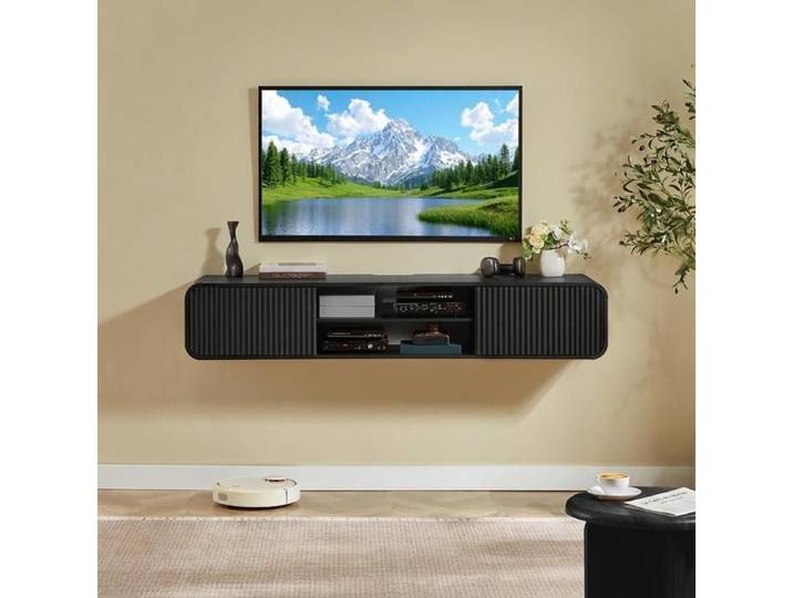 Norevia Meuble TV Mural Noir 160 cm Banc TV Suspendu avec Rangement Ouvert et Angles Arrondis