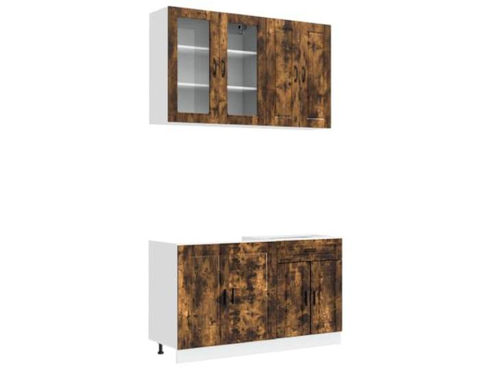 fsahslih Küchenzeile 4-teilig Porto Küchenschrank Set Geräucherte Eiche Moderne Küchenmöbel aus Holzwerkstoff mit Glasschrank und Schubladenunterbau für kleine Küchenräume und Essbereiche.