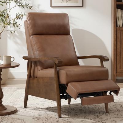 Velocisca Genuine Leather Push-Back Recliner, Mid-Century Modern Recliner Chair with Solid Wood Arms and Walnut Legs