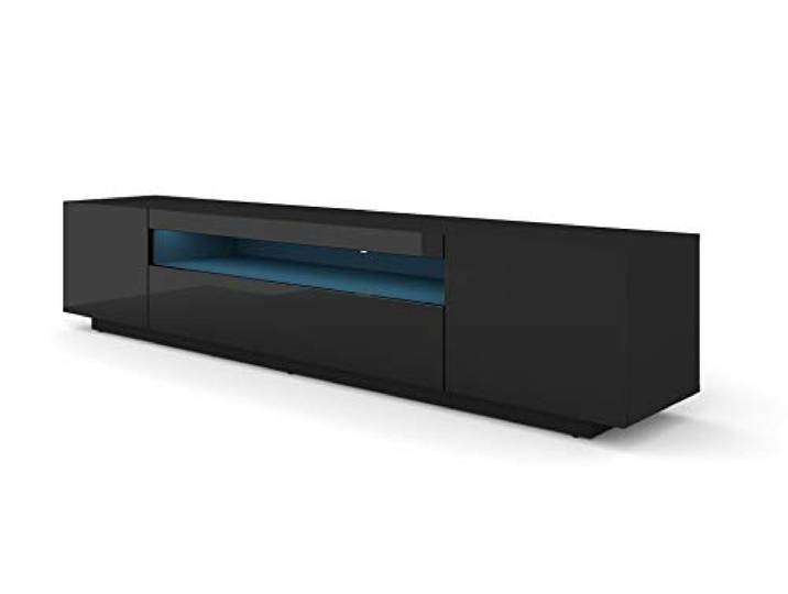 BIM Furniture LOWBOARD 200 cm TV Schrank Solo, Unterschrank mit LED, Fernsehschrank, TV Board, Sideboard RTV, TV Schrank, HiFi-Tisch, LED Beleuchtung Weiß Schwarz Grau Graphit Hochglanz (Schwarz)