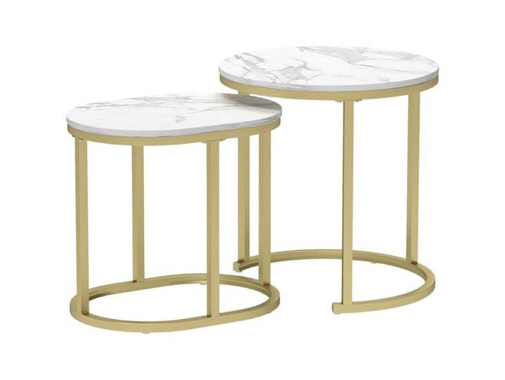 Lot 2 Tables Basses Empilables-Rondes Acier Blanc Or-Structure Stable-Blanc Or 50x50x50.5cm-Decoration Salon Chambre