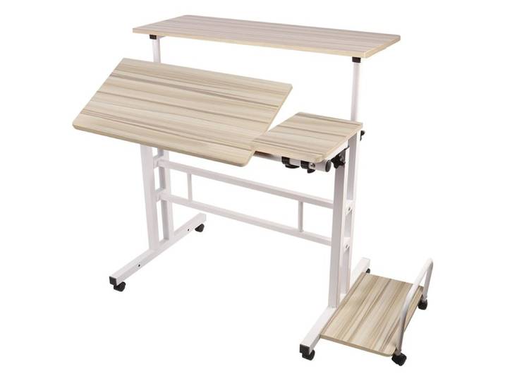 KEDIA Table Roulante Bureau Ergonomique Plateau Incliné Structure en Acier Robuste support unité centrale couleur érable blanc